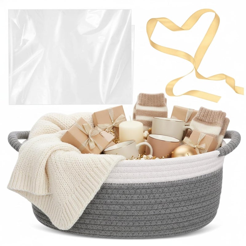 Colingmill Valentine's Day Woven Gift Basket with Gift Bags and Ribbons 12"x8"x5" Empty Cotton Rope Storage Basket for Birthdays, Baby Showers, Wedding DIY Presents(White,Grey) - Image 1